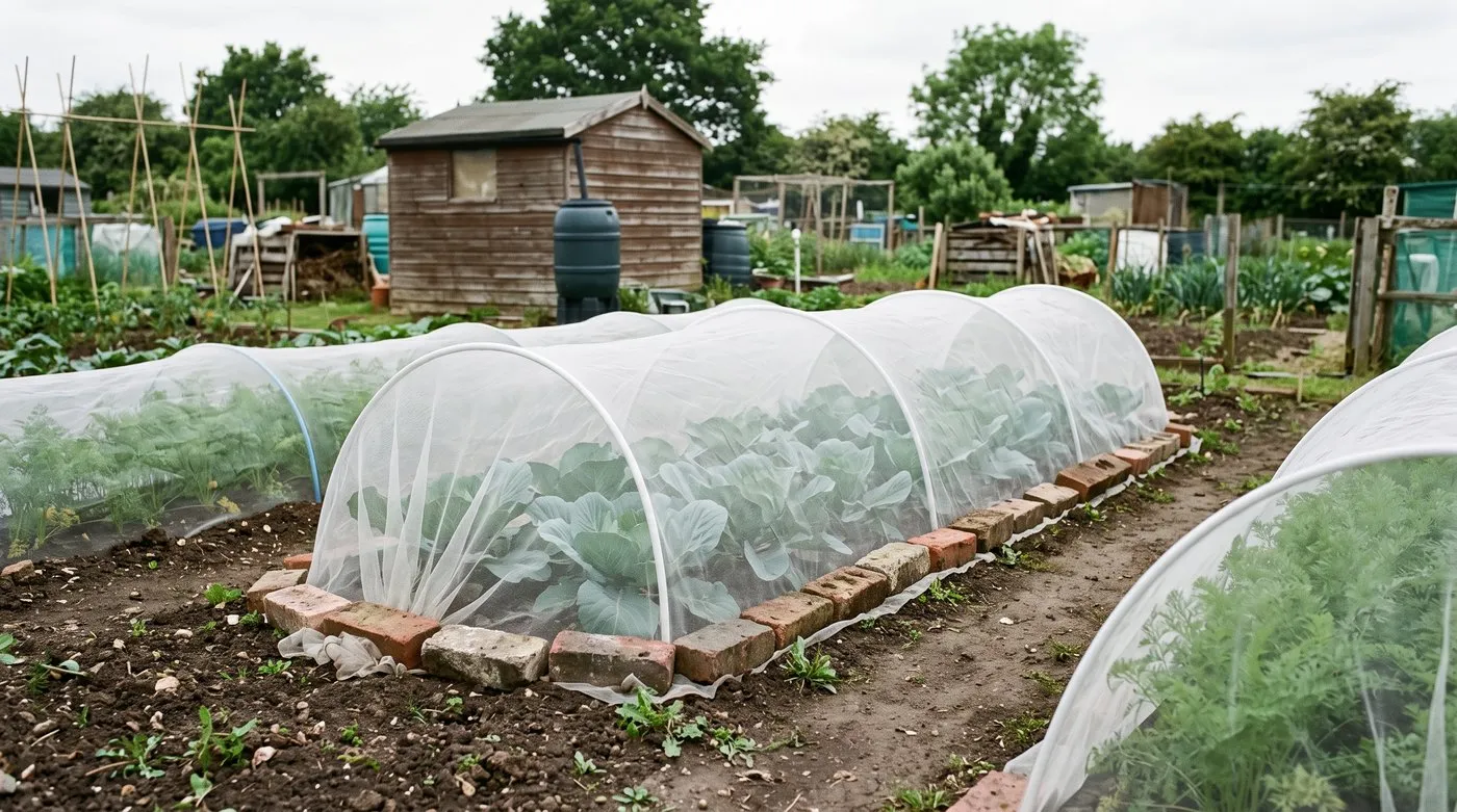 Fine insect mesh on hoops covering young cabbages and carrots on an allotment, edges held down with bricks