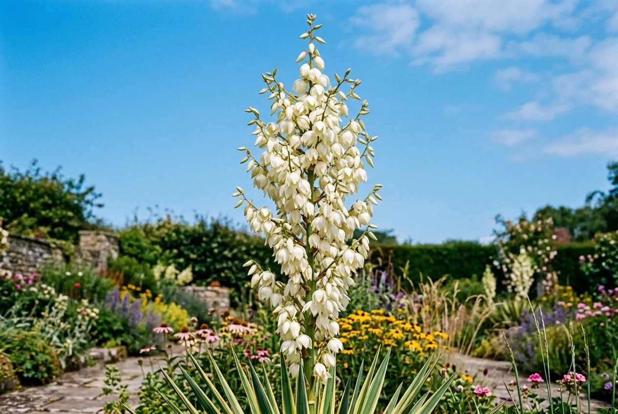 Yucca gloriosa with a tall white flower spike in bloom in a sunny UK garden in July