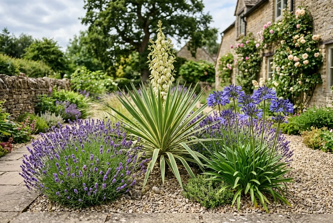 Hardy yucca growing in a raised gravel bed against a south-facing wall in a UK garden