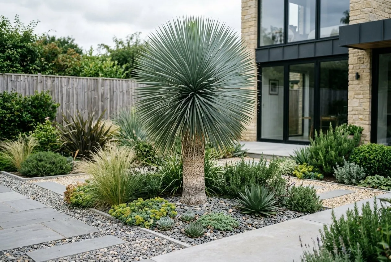Yucca rostrata forming a blue sphere of narrow leaves as a centre piece in a UK gravel garden design
