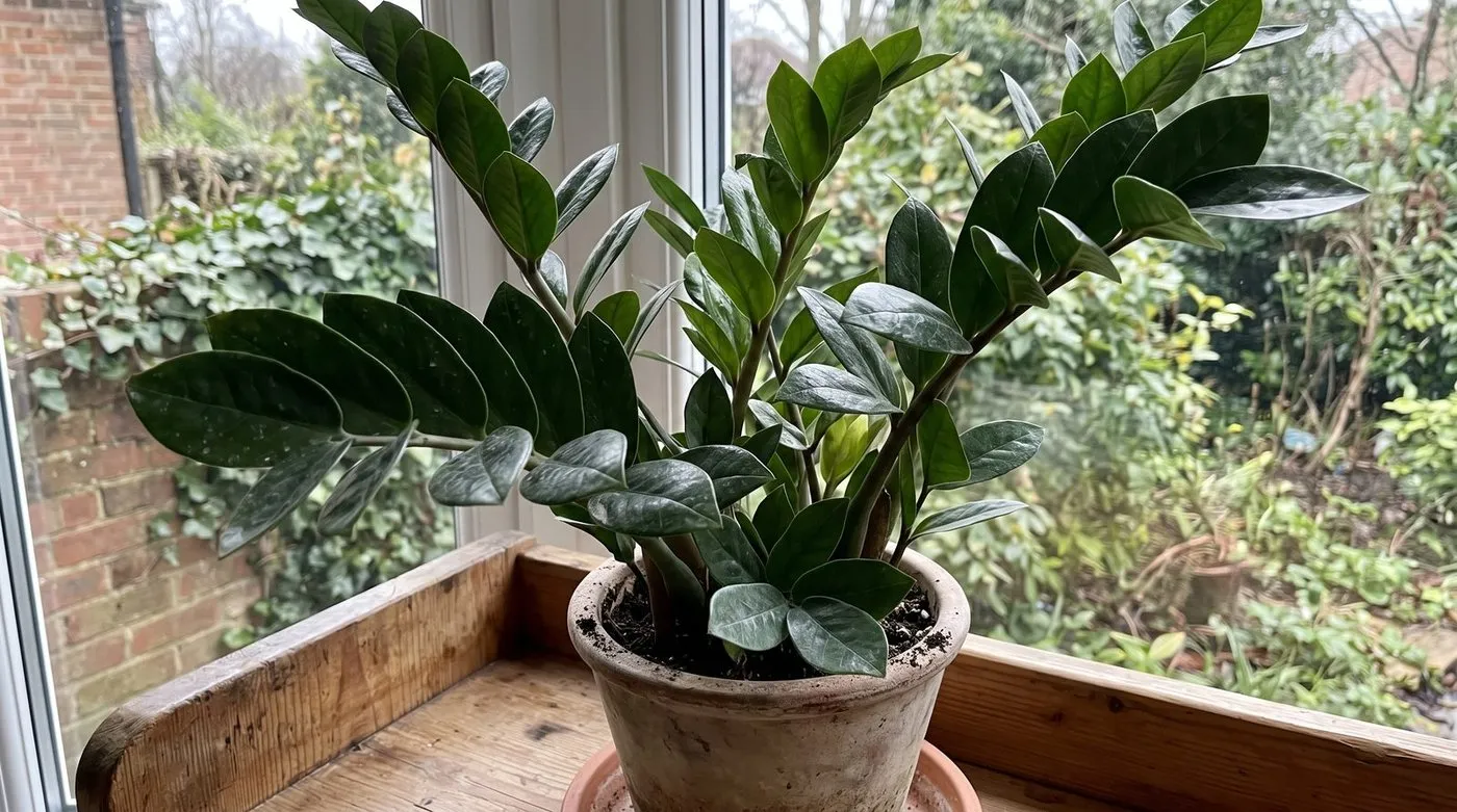 Close-up of a ZZ plant's glossy leaves in a pot indoors