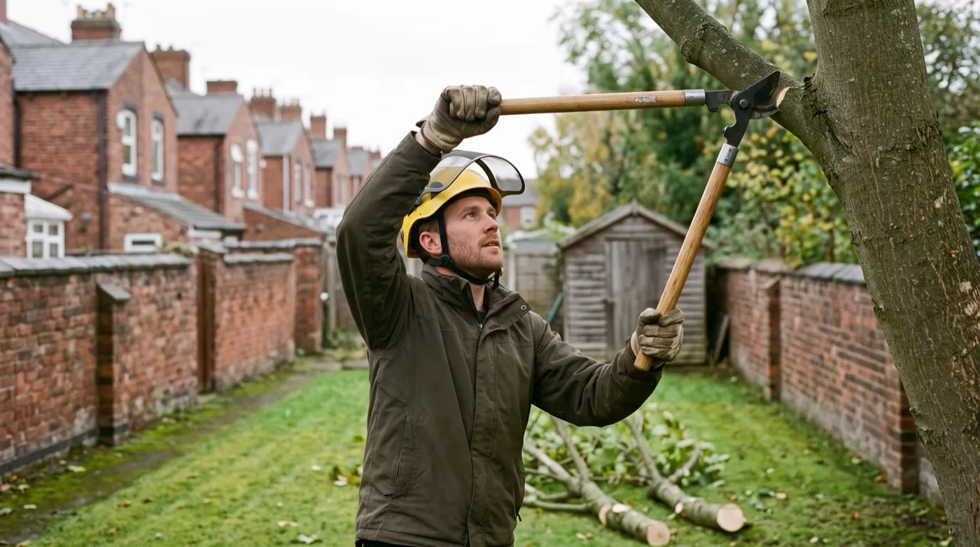 Tree surgeon crown-lifting a boundary sycamore with loppers to raise the canopy and let more light onto the shaded lawn below