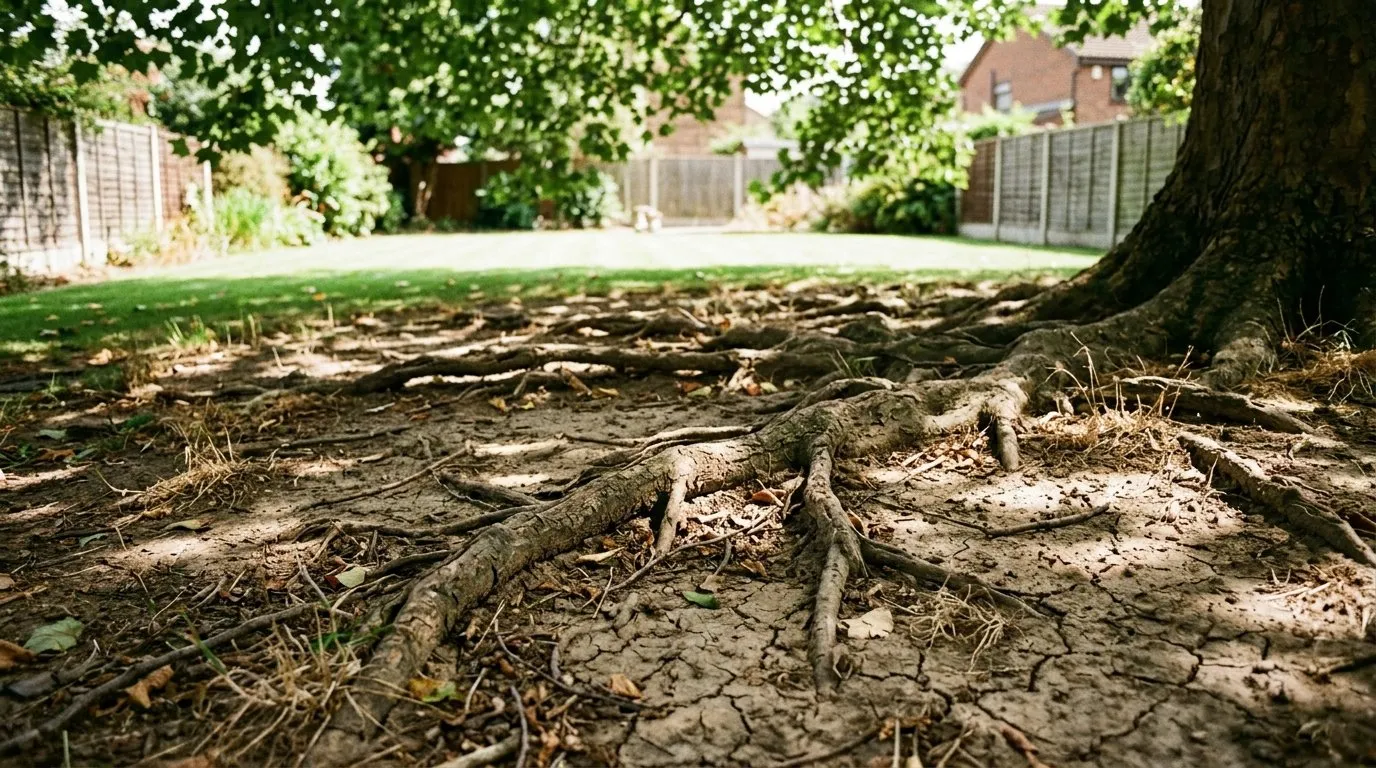 Bare dry compacted soil and exposed shallow tree roots under a mature UK garden tree where grass has failed to establish