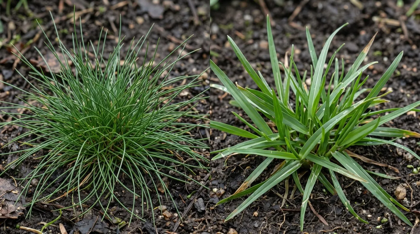 Close-up comparison of fine needle-like creeping red fescue blades beside broader glossy perennial ryegrass blades on UK turf