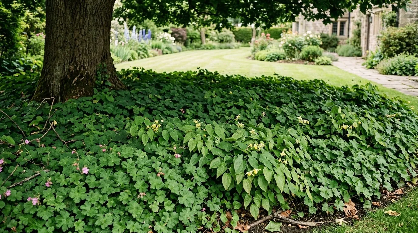 Dense green ground cover of Geranium macrorrhizum and epimedium growing under a mature tree in a UK garden where grass failed