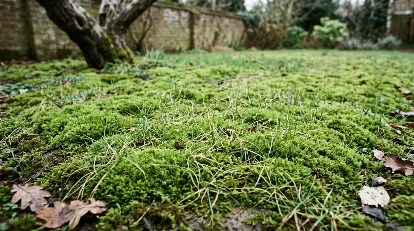 Thick green moss dominating a thinned shaded lawn in a 1930s UK suburban back garden with only sparse grass left