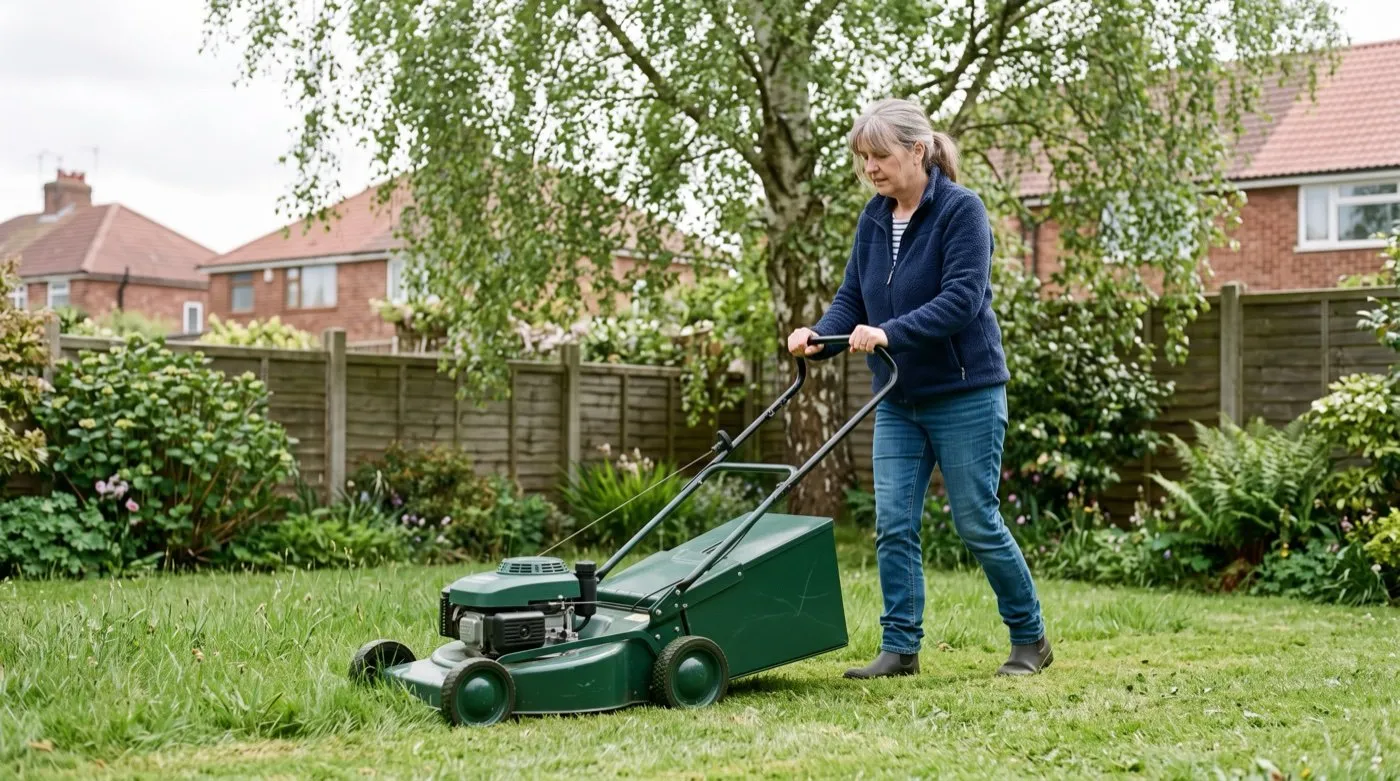 Gardener pushing a rotary mower set to a high 60mm cut across a shaded UK back lawn under a birch tree
