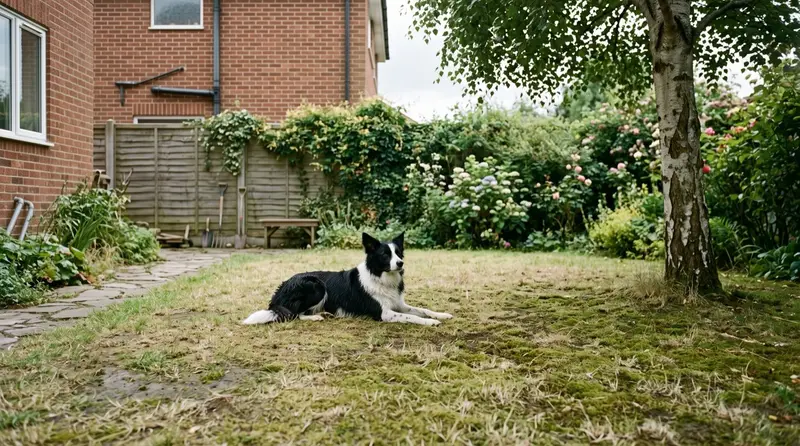 Border collie lying on thin patchy grass in shade under a silver birch in a north-facing UK back garden