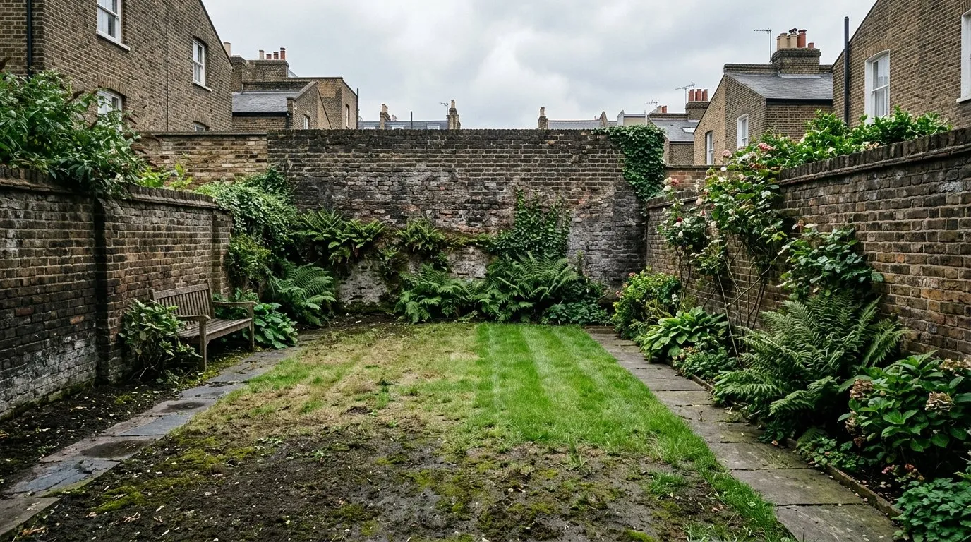 Deeply shaded small London walled city garden with bare compacted soil and thin failing grass beside a high brick wall