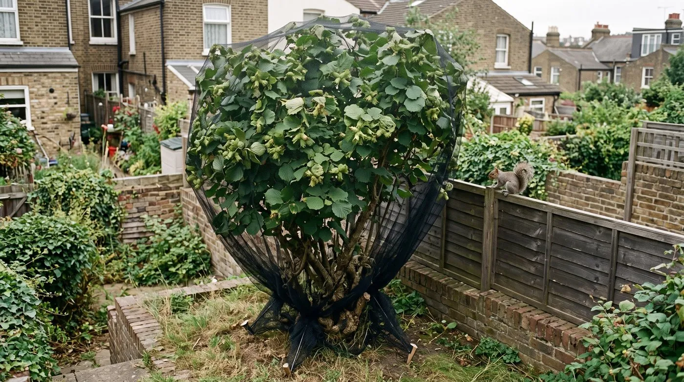 Hazel bush covered in fine netting tucked in at the base, with a grey squirrel watching from a fence