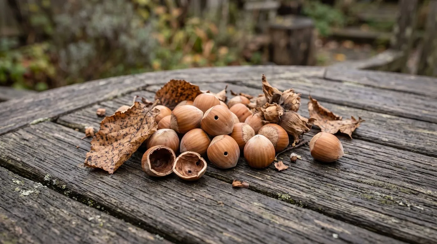 Fallen hazelnuts with neat round exit holes from nut weevil, one cracked open to show it empty