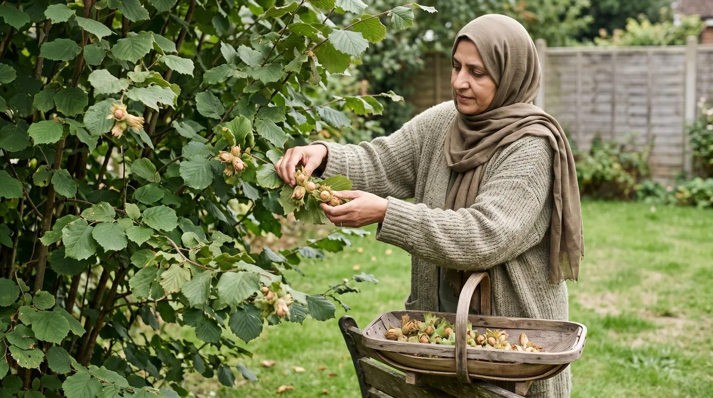 Woman picking clusters of hazelnuts with browning husks from a hazel bush into a wooden trug