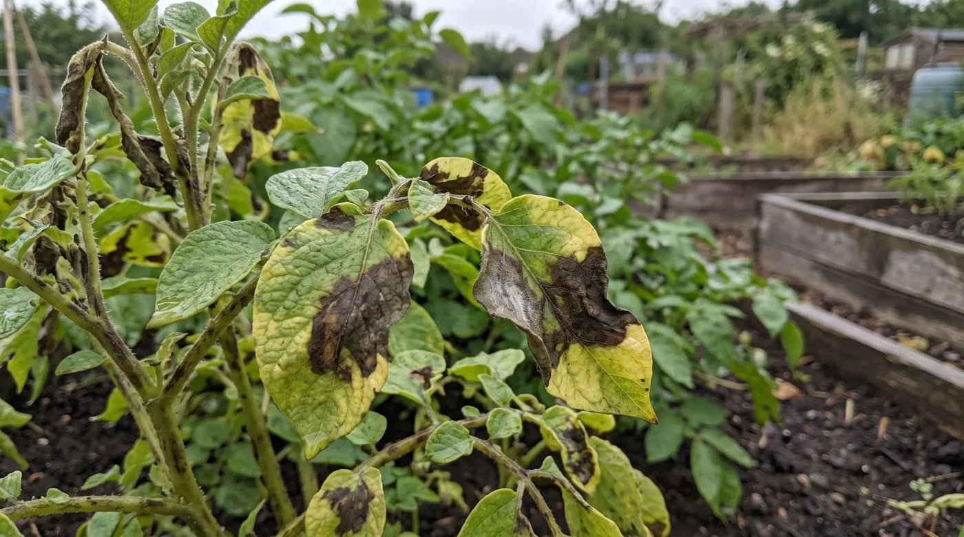 Potato leaves with dark brown blight patches spreading from the edges