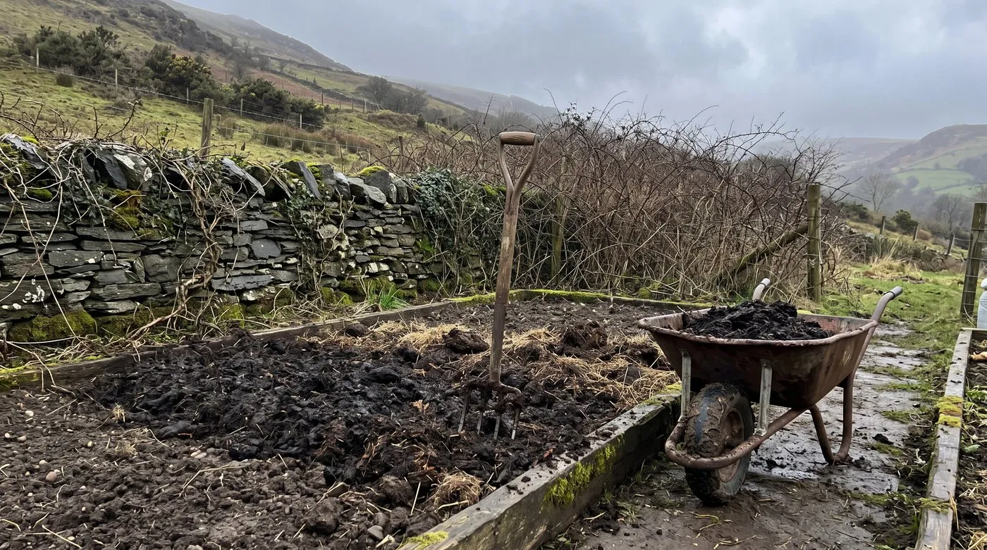 Vegetable bed with well-rotted manure being forked in, a wheelbarrow of manure beside it in late winter