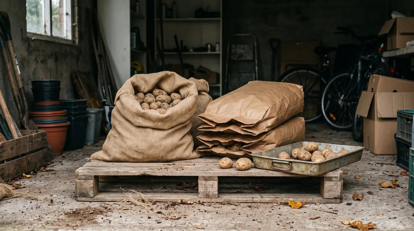 Hessian and paper sacks of maincrop potatoes stored on a pallet in a cool, dim garage