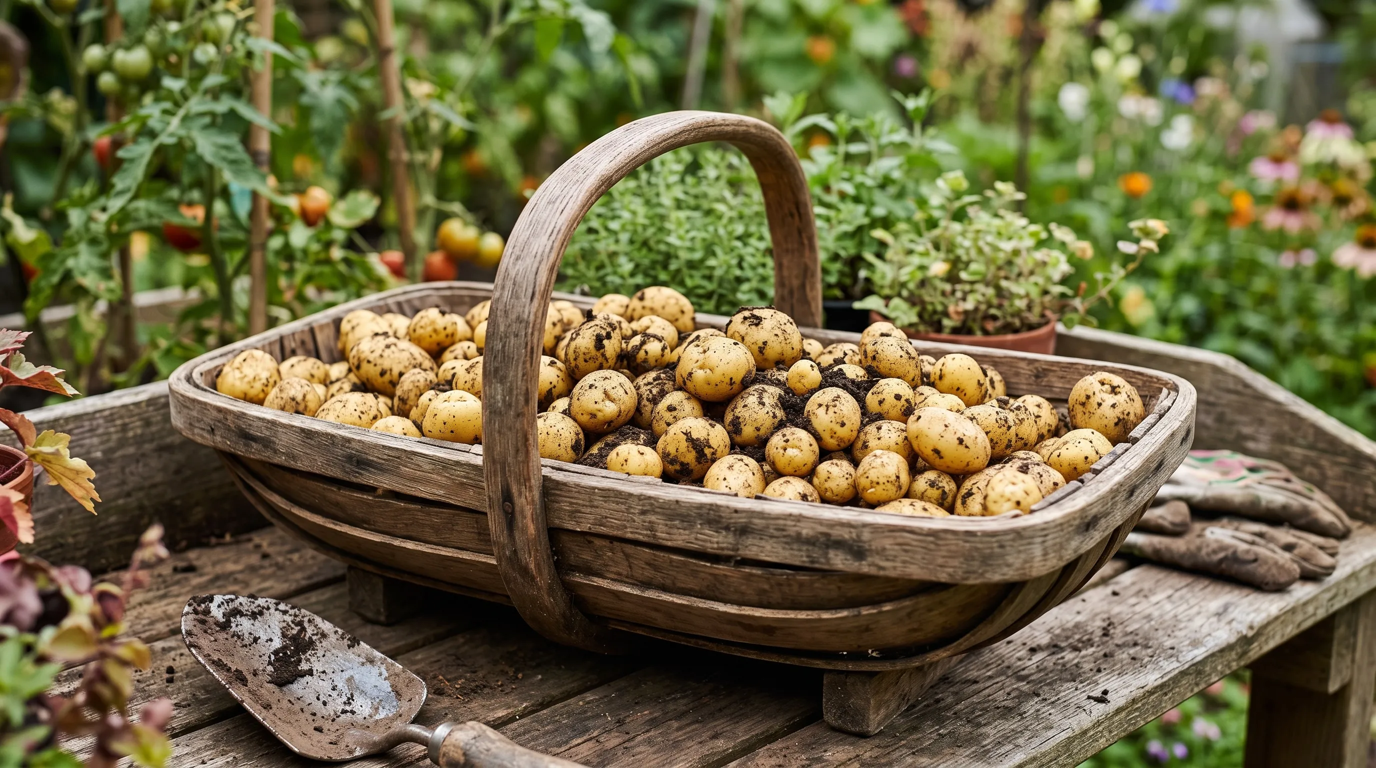 A garden trug filled with freshly harvested small yellow Charlotte new potatoes