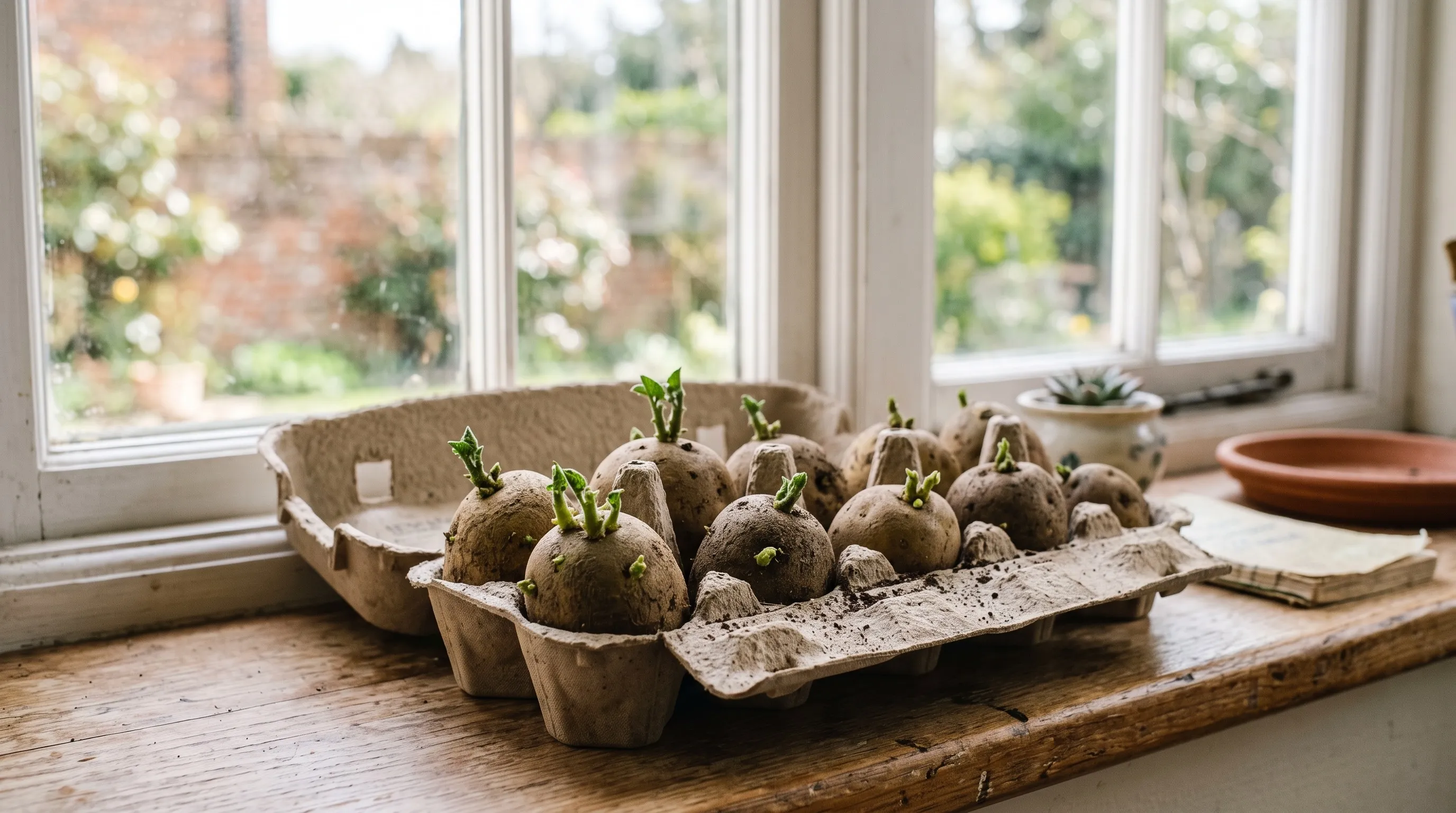 Seed potatoes chitting in a cardboard egg box on a bright windowsill with green sprouts