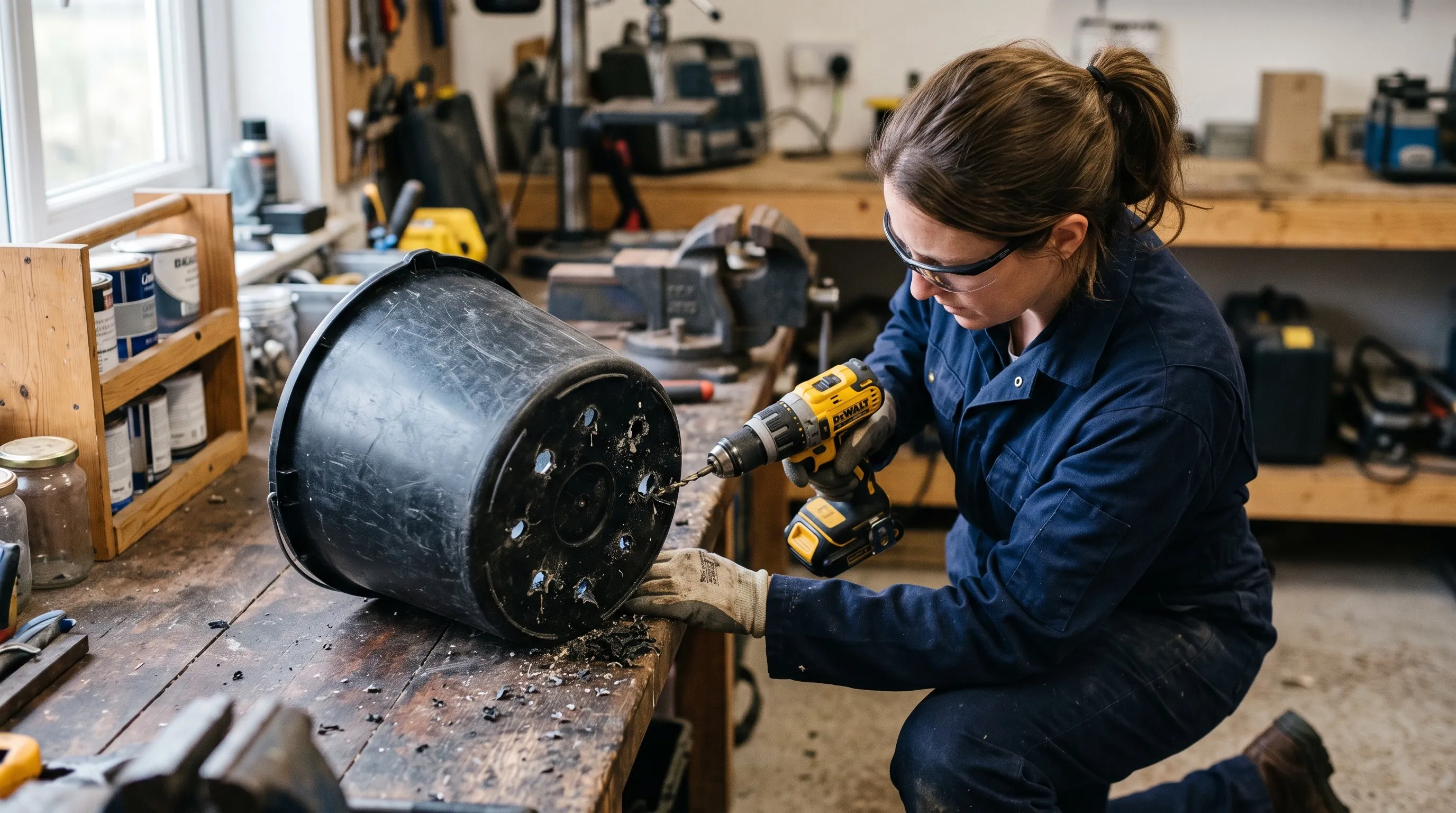 A person drilling drainage holes in the base of an upturned black bucket
