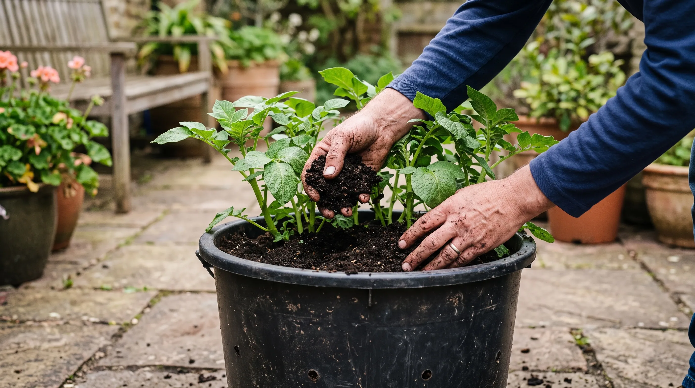 Hands adding fresh compost around young green potato shoots in a black bucket