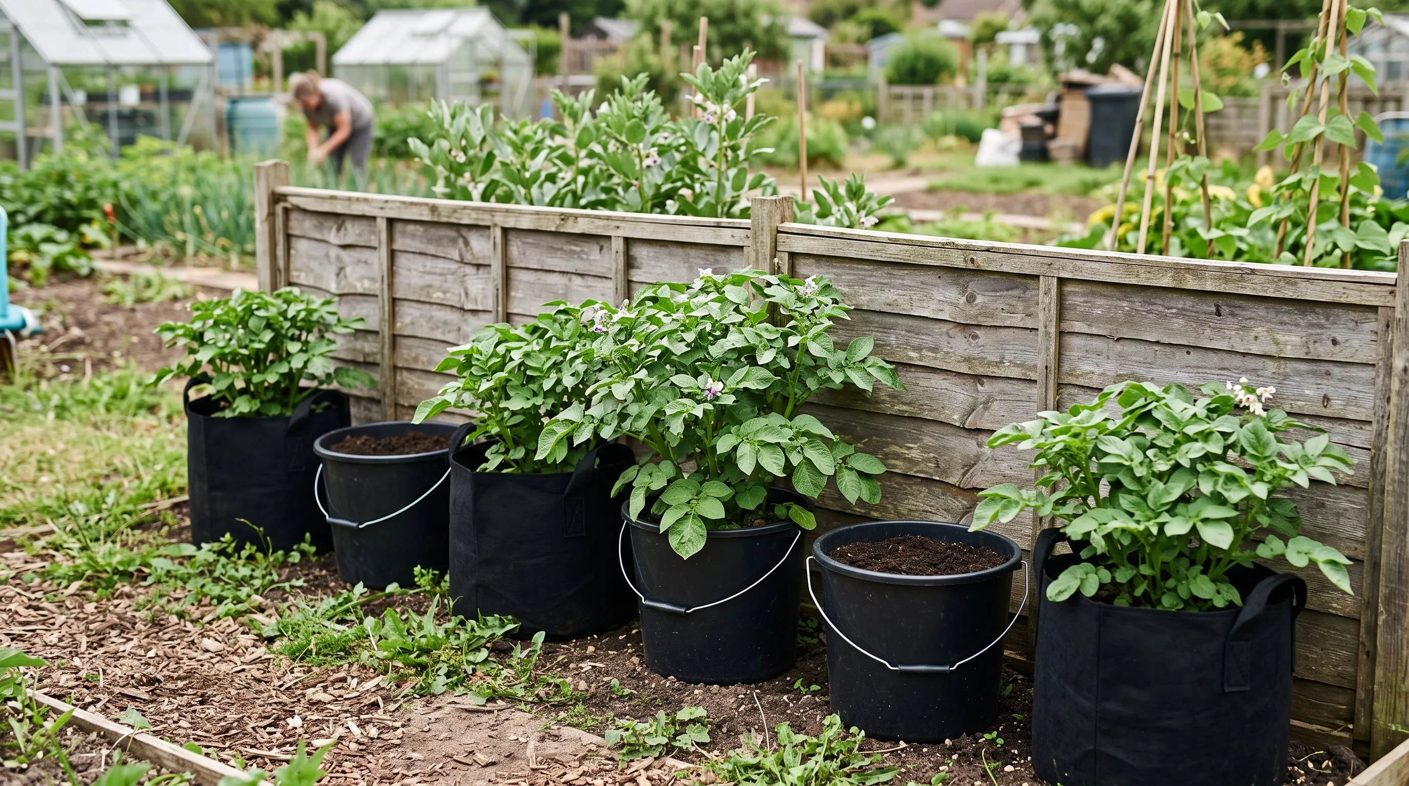 A row of potato grow-bags and black buckets full of leafy plants along a fence