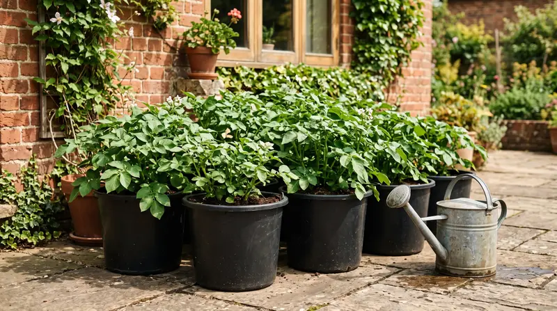 Black buckets full of lush green potato foliage on a sunny UK patio