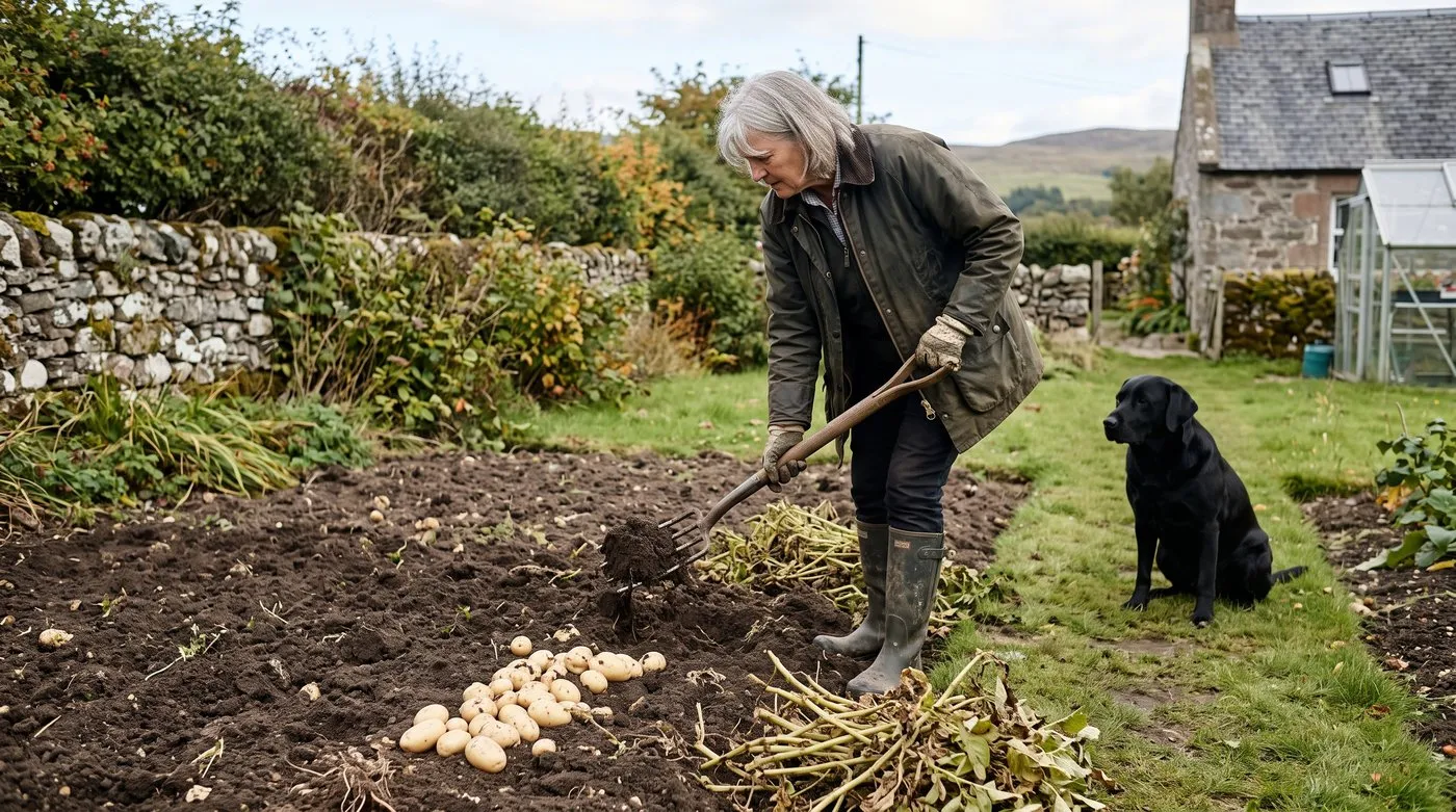 Woman lifting maincrop potatoes with a fork while a black Labrador watches from the grass path