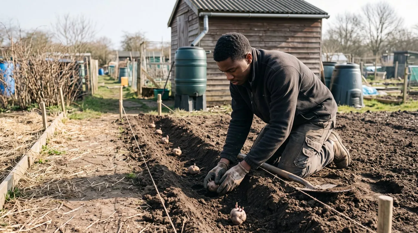Gardener setting chitted seed potatoes about 30cm apart in a shallow trench on an allotment
