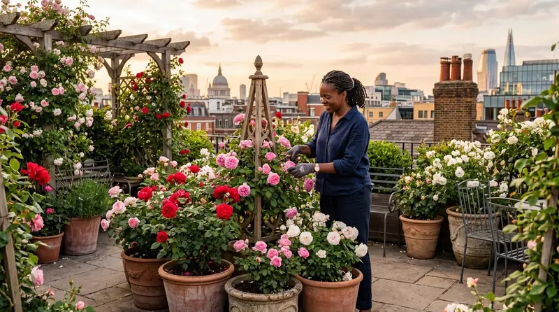Growing roses in containers on a UK city rooftop terrace with terracotta pots of climbing and patio roses in red pink and