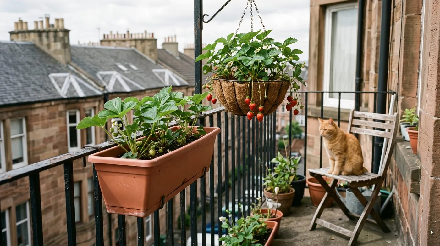 Strawberries in a window box and hanging basket on a city flat balcony, a ginger cat on a chair beside them
