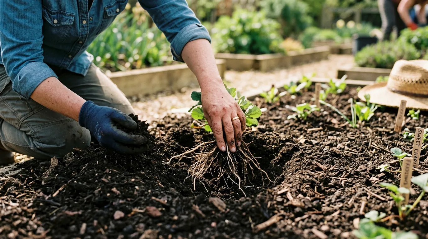 Bare-root strawberry plants being planted in prepared soil with roots spread in the planting hole