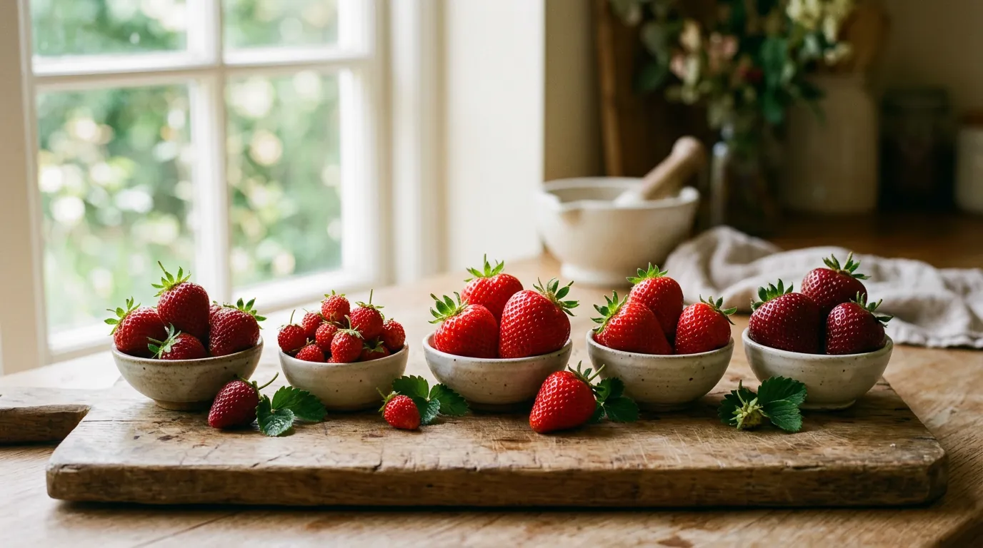 Close-up of different strawberry varieties side by side showing size and colour differences on a wooden board