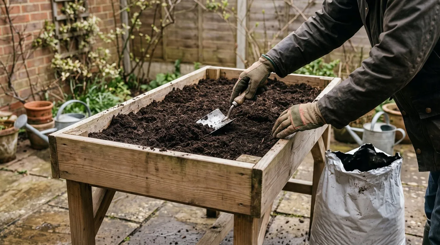 Gloved hands spreading fresh compost into an empty wooden growing table in spring
