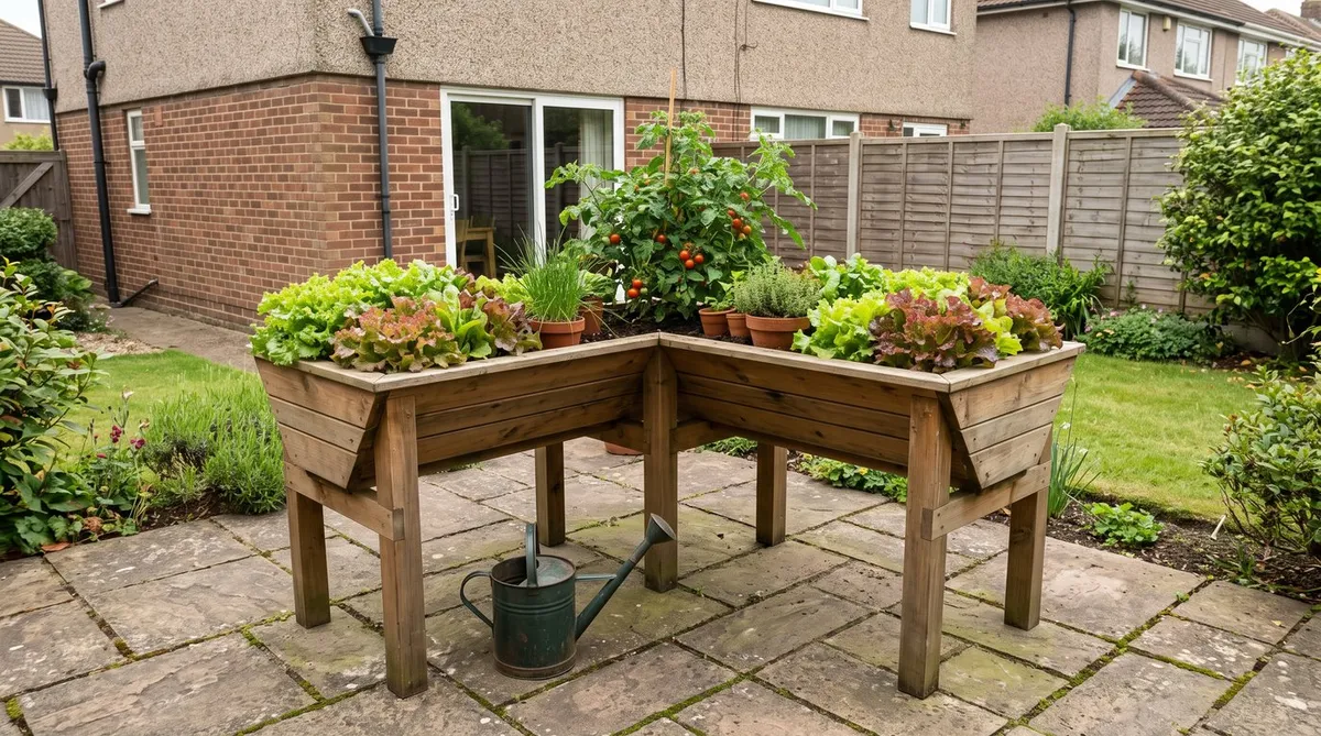 Wooden growing table on a patio planted with lettuce, herbs and a bush tomato
