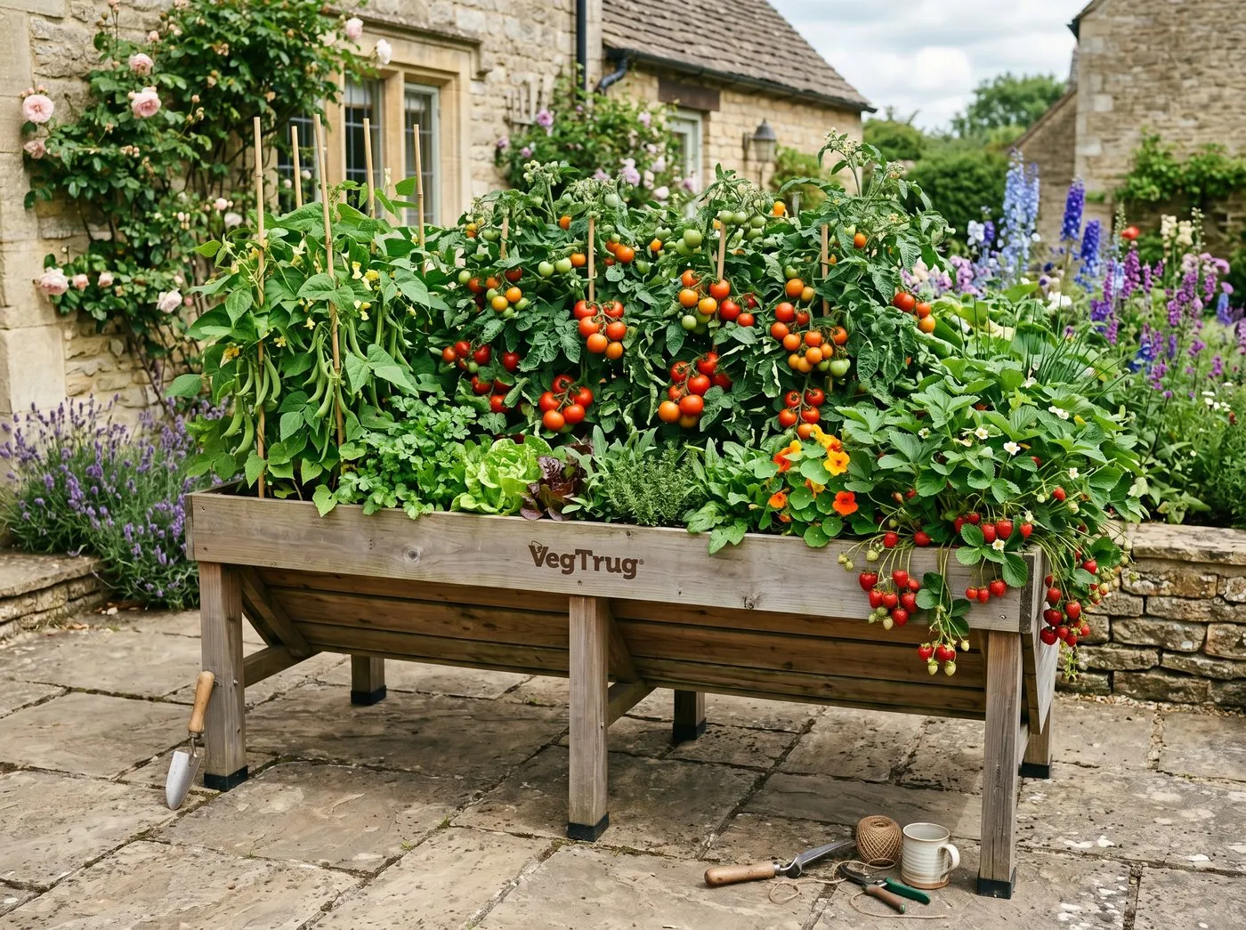 UK growing table planted to a layout plan with bush tomatoes in the centre deep section, dwarf French beans at one end, strawberries at the other, and salad leaves and herbs around the shallow edges, mid-July abundance