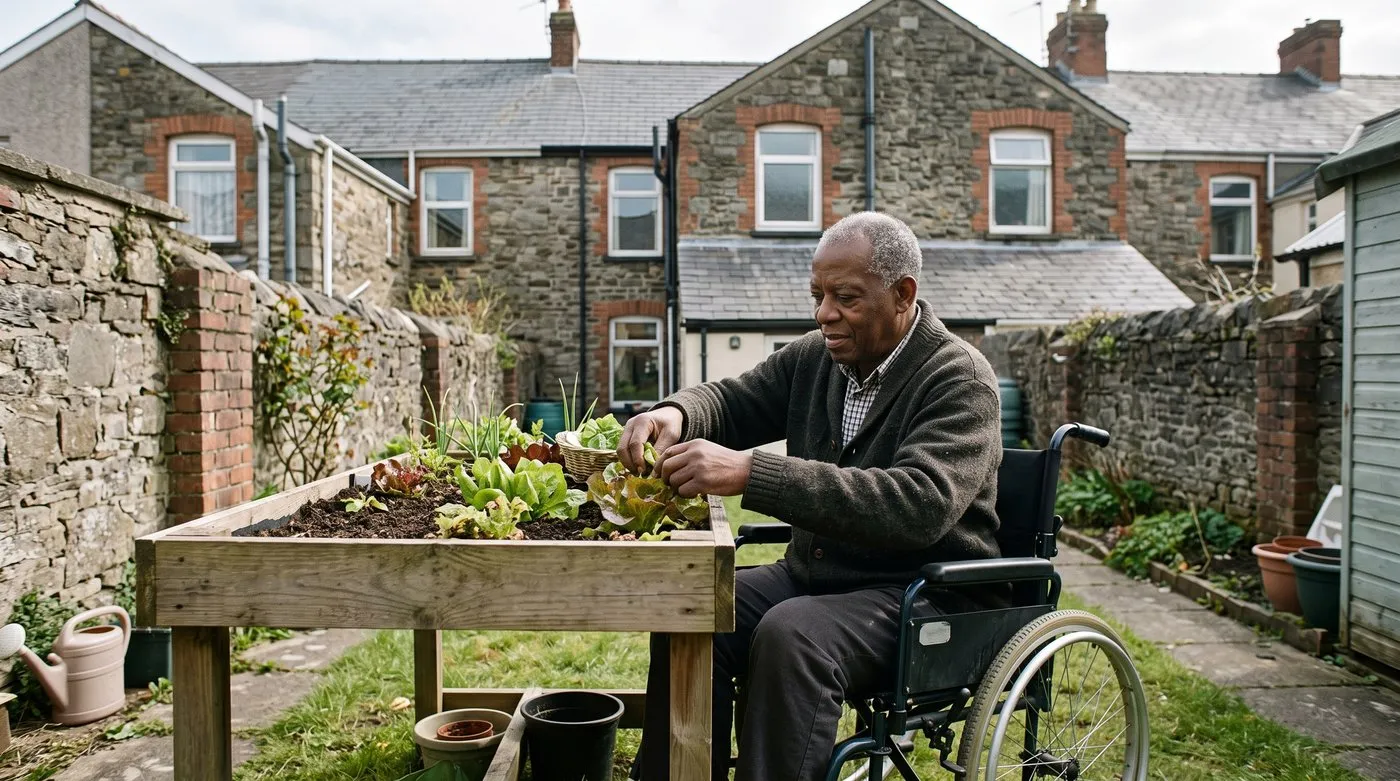 Older man in a wheelchair picking lettuce from a flat-bottomed growing table with knee room underneath