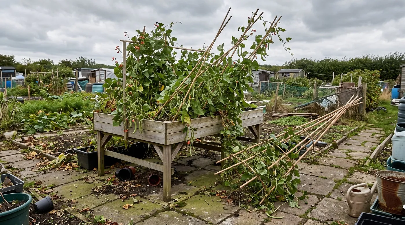 Runner bean canes leaning over in a wooden growing table after a windy day