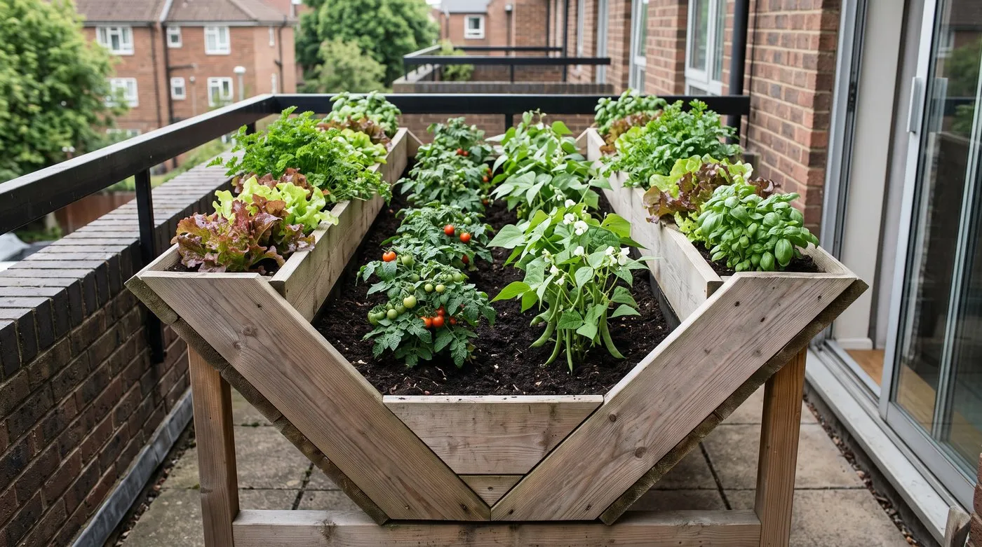 V-shaped growing table with bush tomatoes and beans in the middle and salads and herbs at the edges