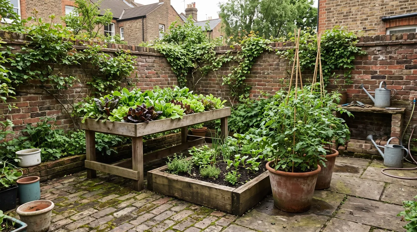 Growing table, low raised bed and large pots side by side in a small courtyard garden