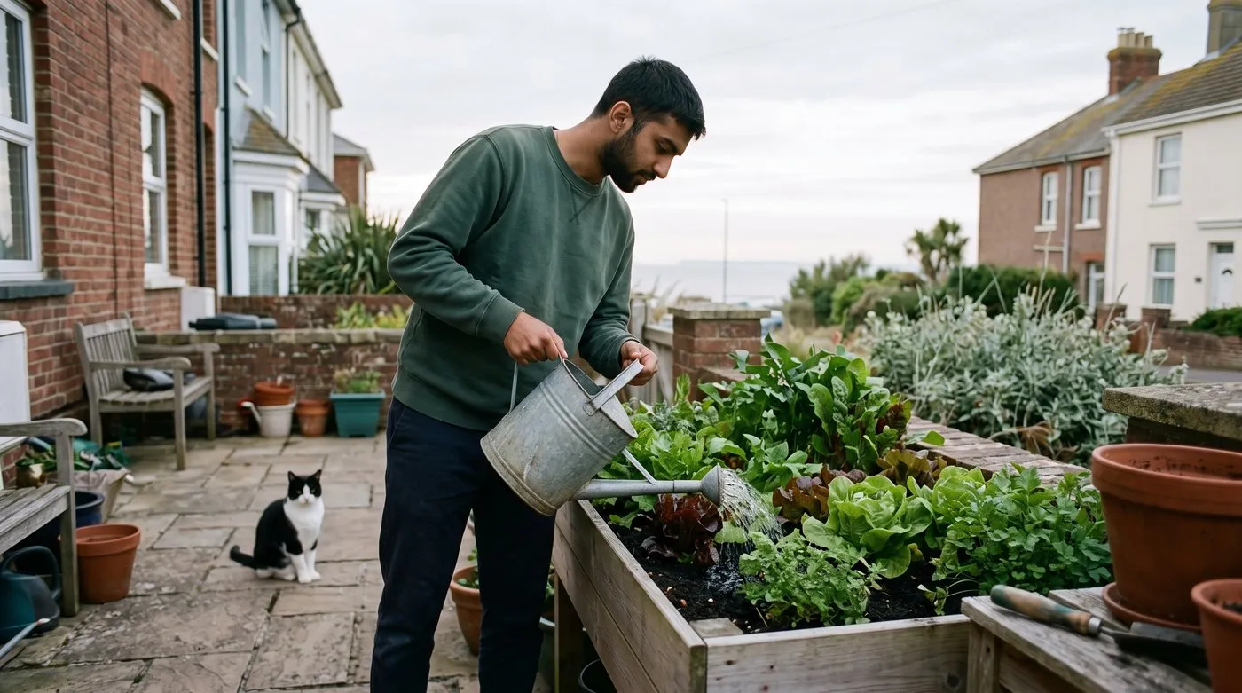 Man watering salad plants in a wooden growing table on a patio, with a cat nearby