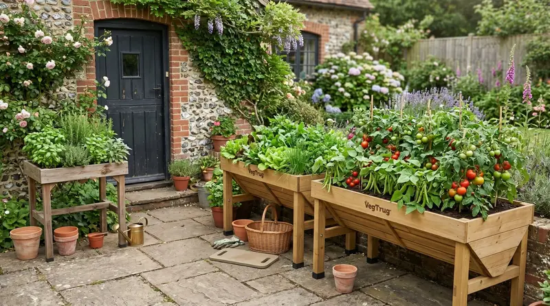UK patio with three growing tables side by side in different sizes - a 1m VegTrug full of salads and herbs