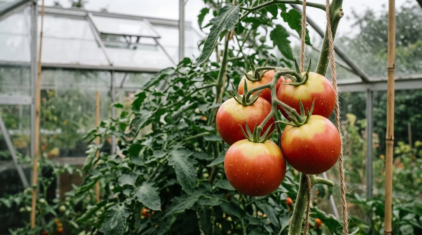 Greenhouse tomatoes with greenback: red fruit with hard green-yellow shoulders around the stalk