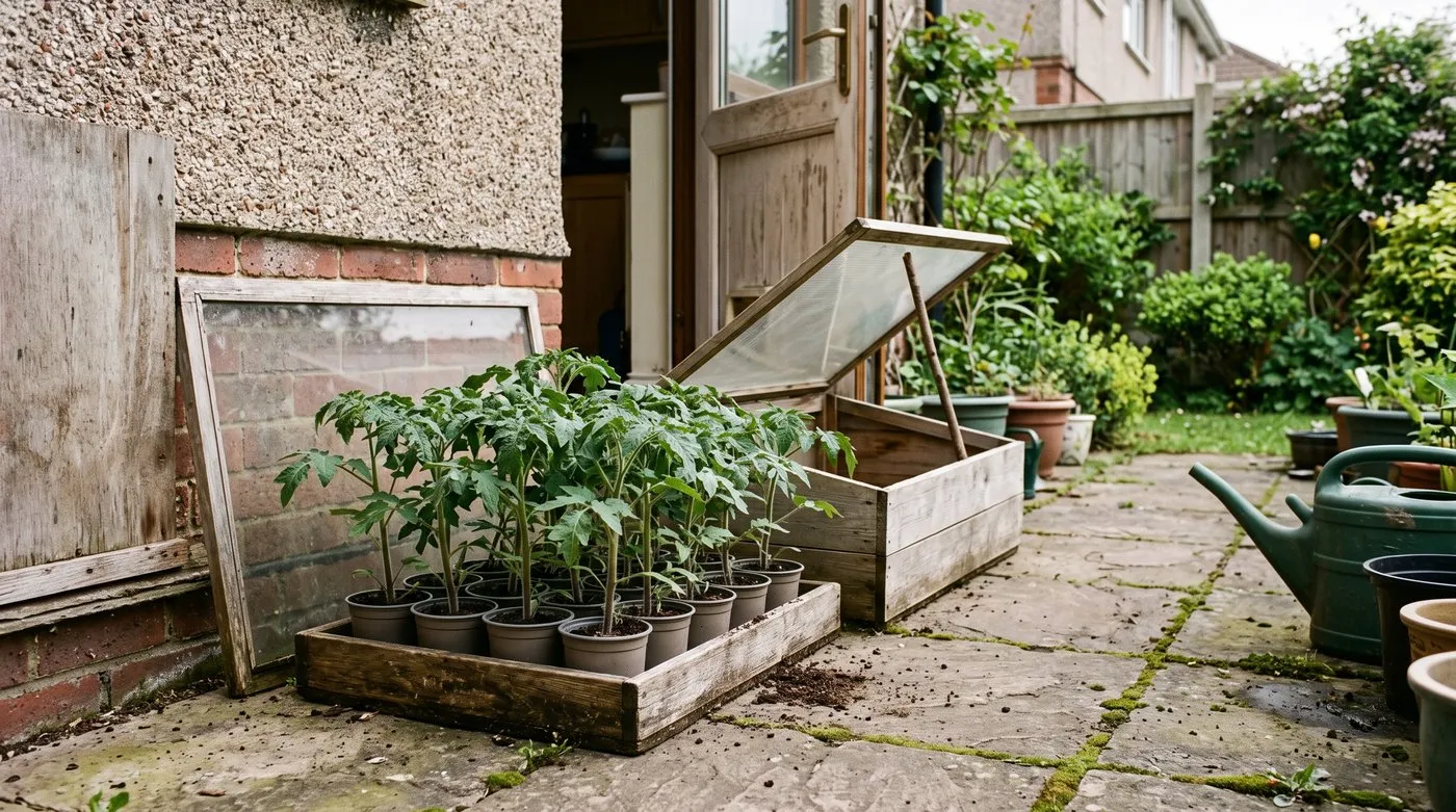 Young tomato plants in pots on a tray outside on a sheltered patio, hardening off by an open door