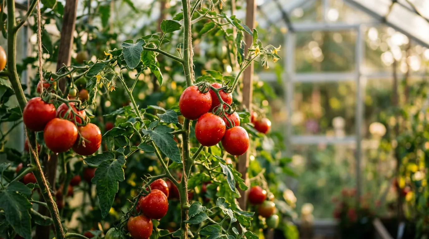 Ripe red tomatoes growing on the vine inside a greenhouse with warm afternoon light
