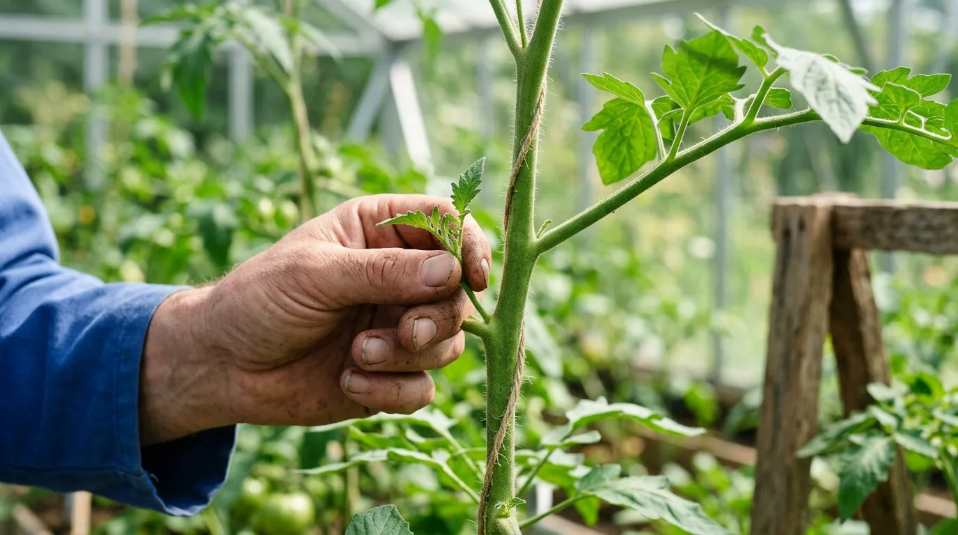 Close-up of hands pinching out a tomato side shoot between the main stem and a leaf branch