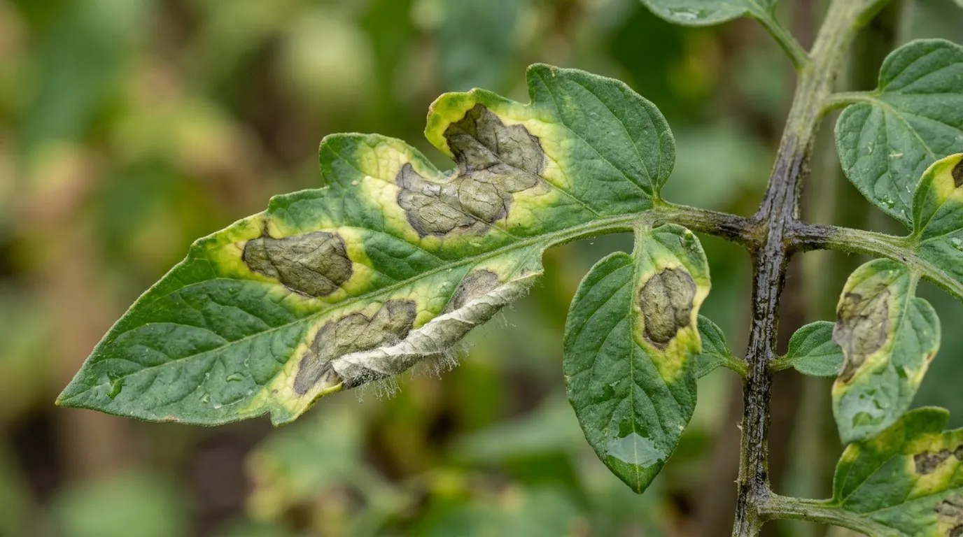 Late blight lesions with pale halos spreading across tomato foliage on a grafted plant