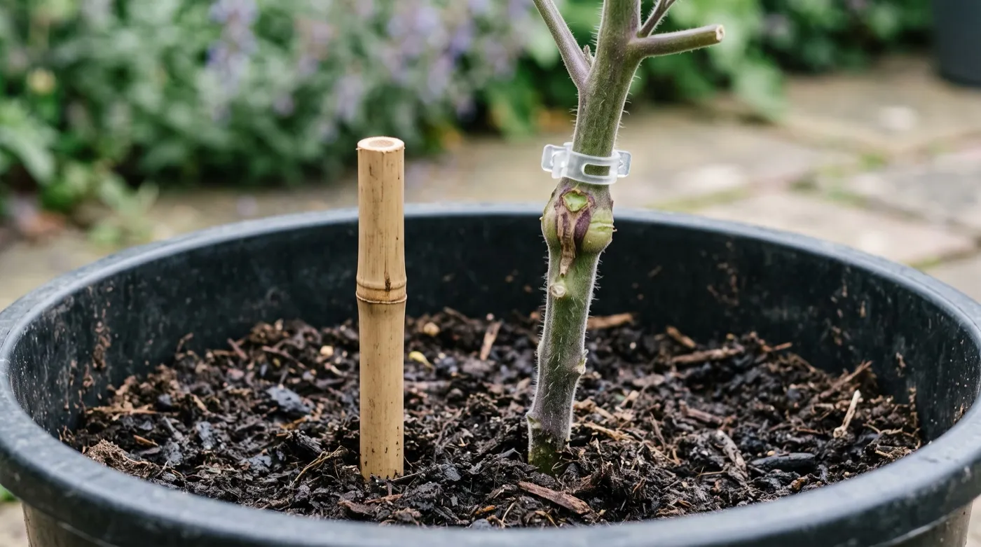 Bamboo cane pushed into the compost beside a TomTato stem, its cut top level with the graft union