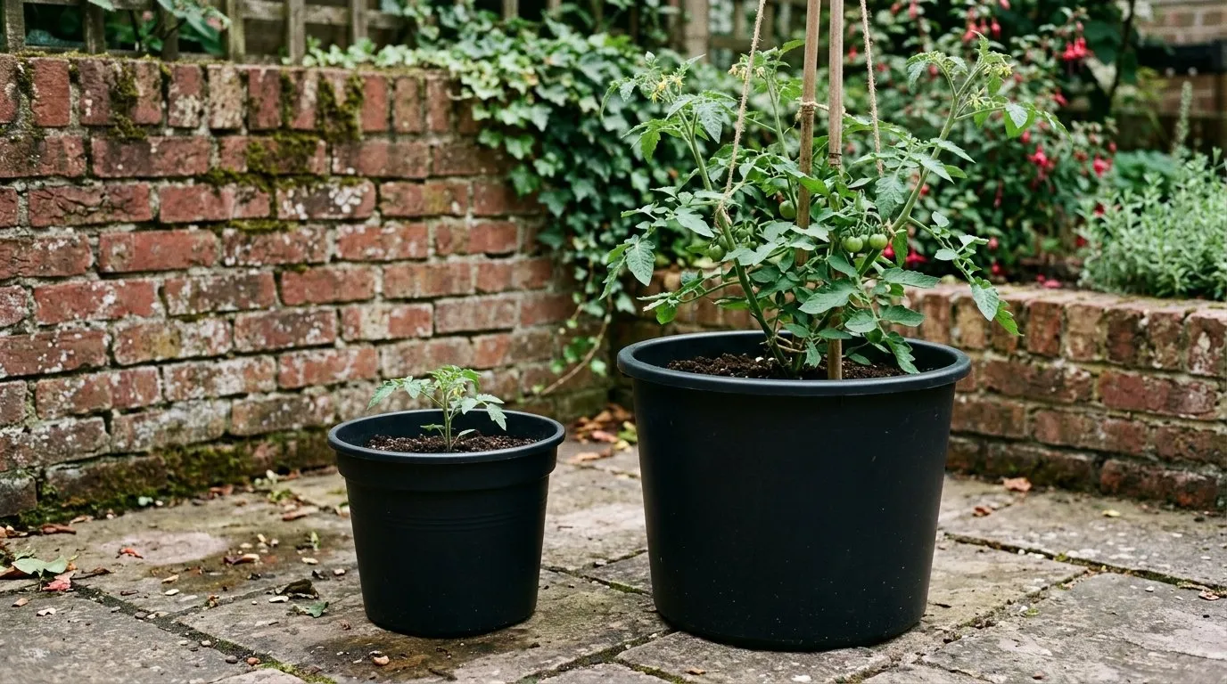 Two TomTato plants side by side, one in a large 45 litre tub and one in a smaller 30 litre pot