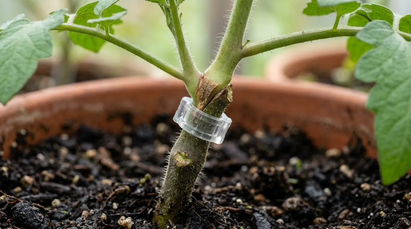 Close-up of the TomTato graft union where the tomato scion joins the potato rootstock above the compost