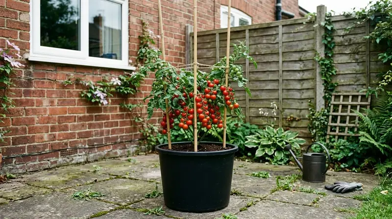 TomTato grafted plant fruiting in a large black container on a suburban patio, tomato trusses above the graft union