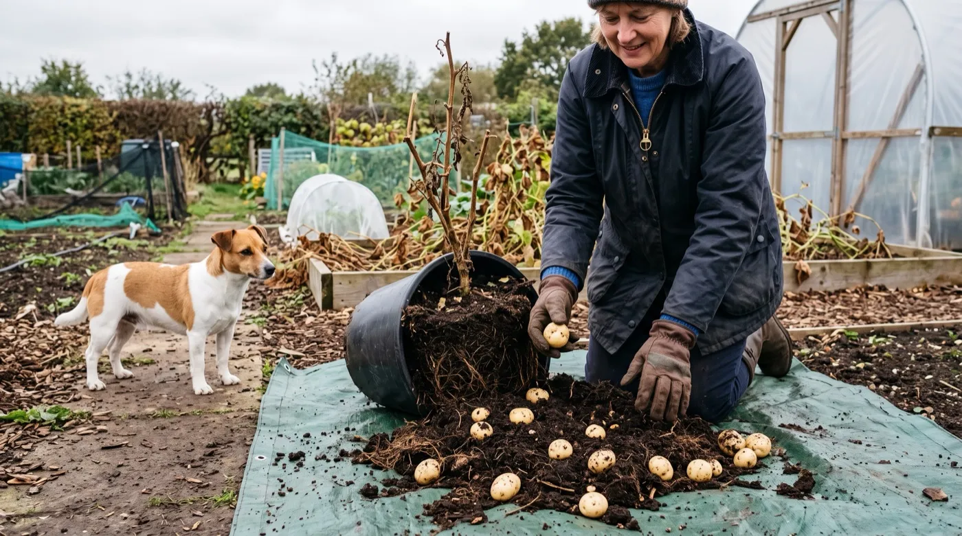 Allotment holder tipping a TomTato tub onto a groundsheet to reveal small potato tubers, with a dog watching alongside